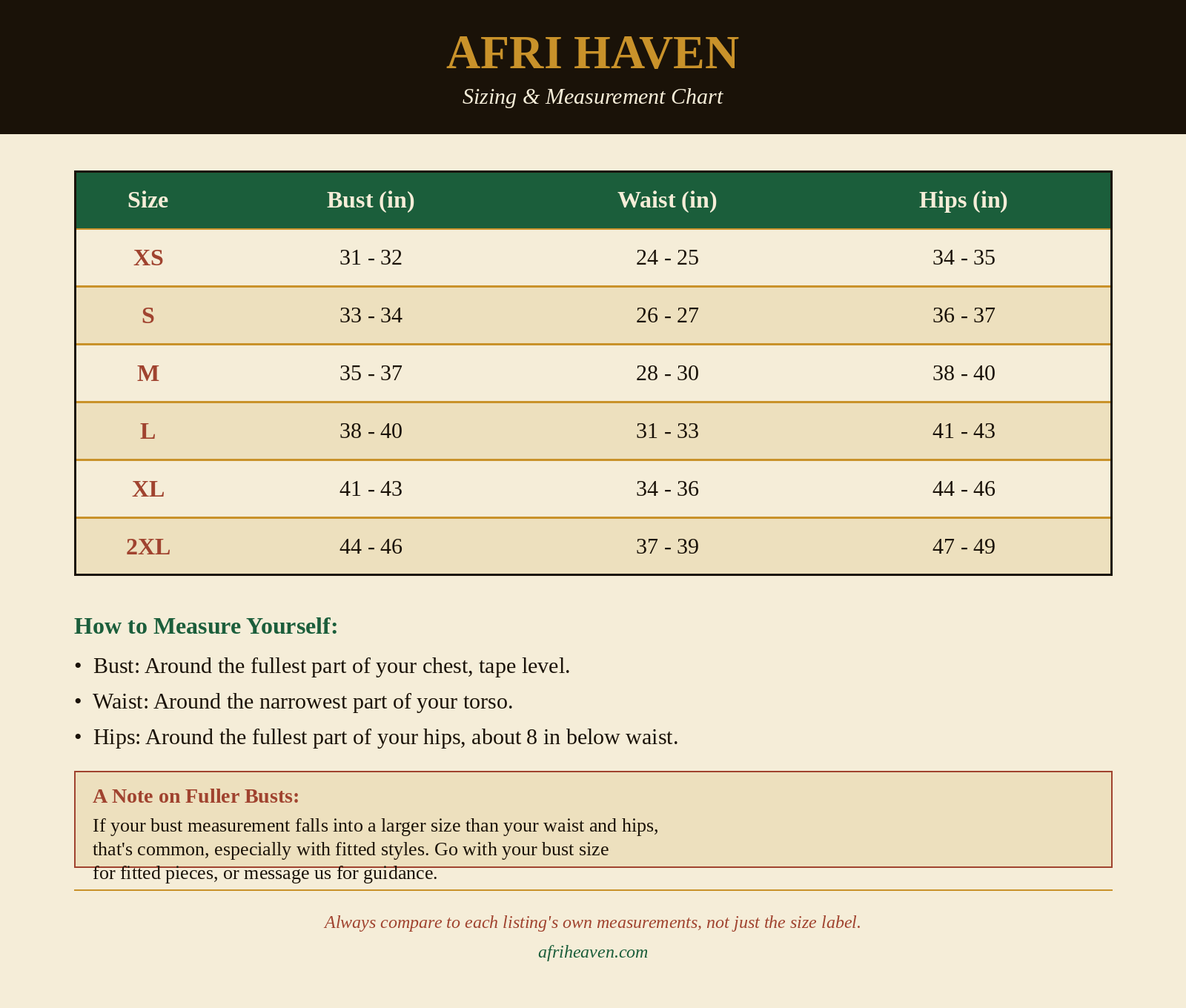 AfriHeaven size chart, XS to 2XL, with bust, waist and hip ranges in inches